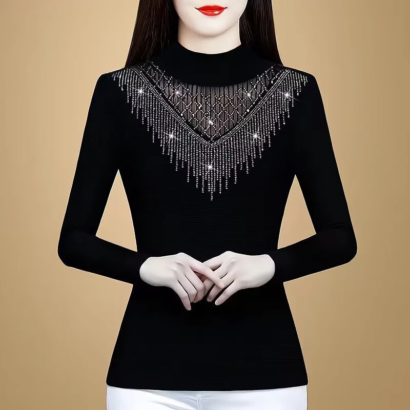 GF#370 黑色烫钻网纱半高领内搭保暖女秋冬加绒加加厚修身长袖