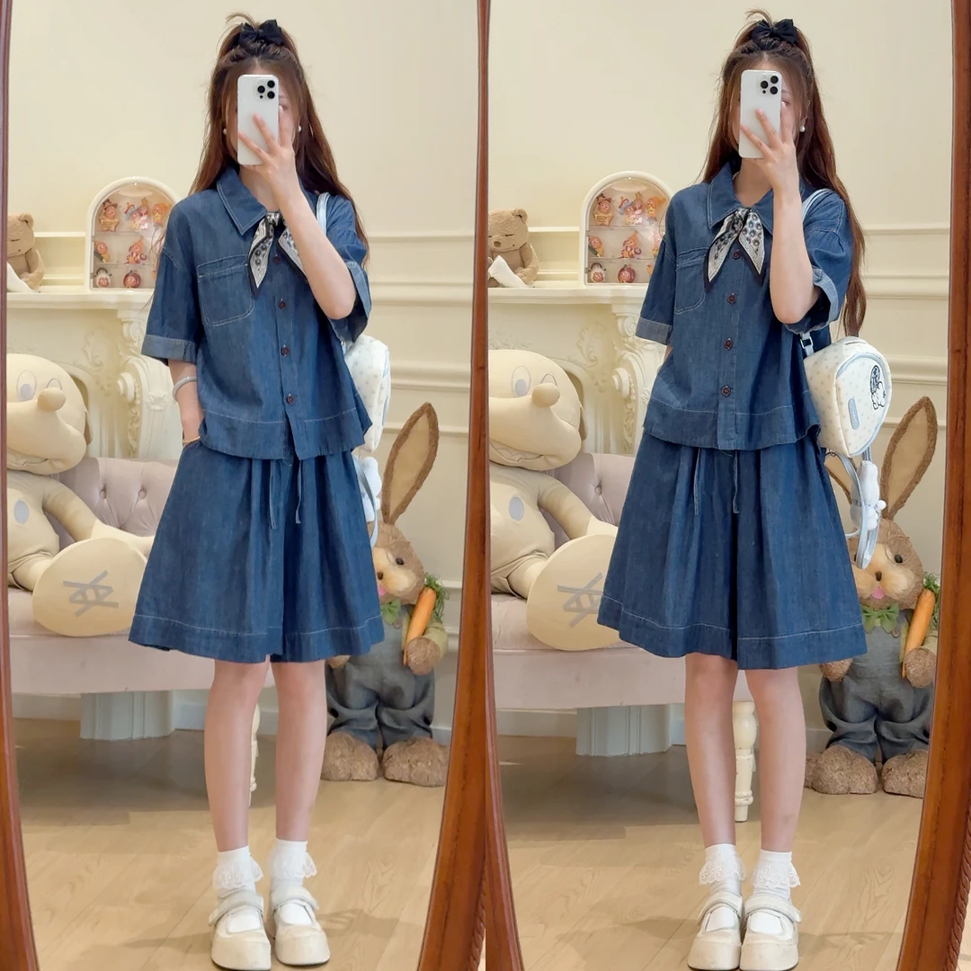 追光Y4898单口袋翻领短袖衬衫松紧腰短裤牛仔套装