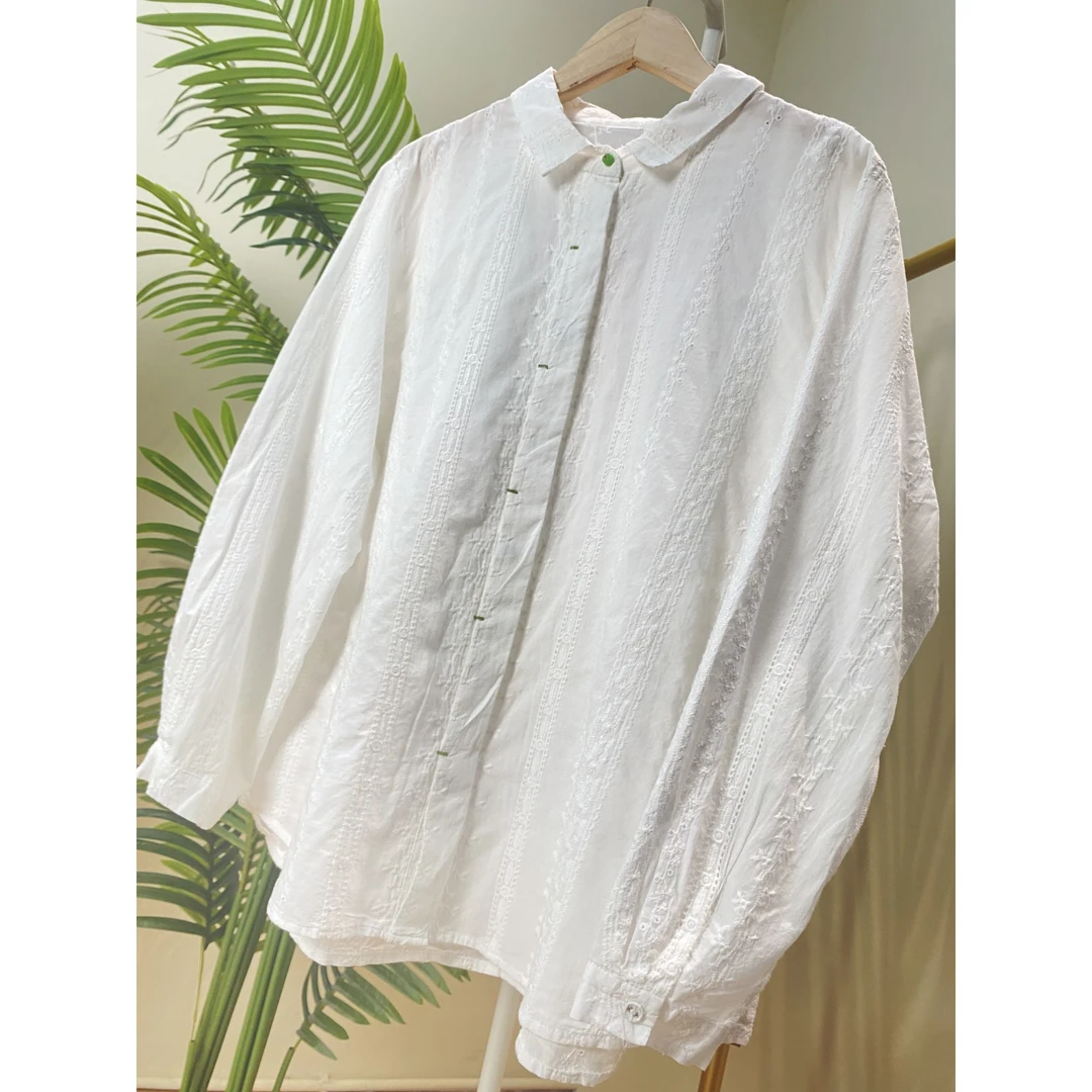 【暗门襟单绿扣刺绣棉纱衬衫】9380