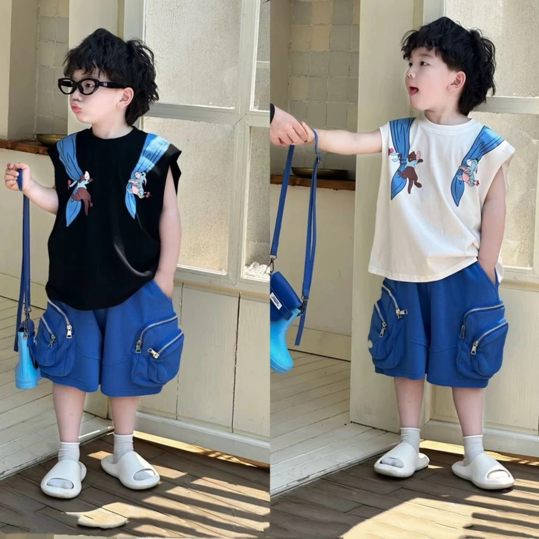 男童夏装套装衣服运动新款夏季洋气男孩儿童印花无袖背心两件套潮