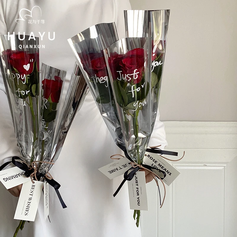 花与千荨 教师节镜面英文三角单支袋玫瑰花束包装手工diy材料