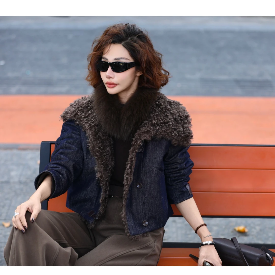 七奈 「卡香」简约毛领长袖单排扣牛仔羽绒服QN13263