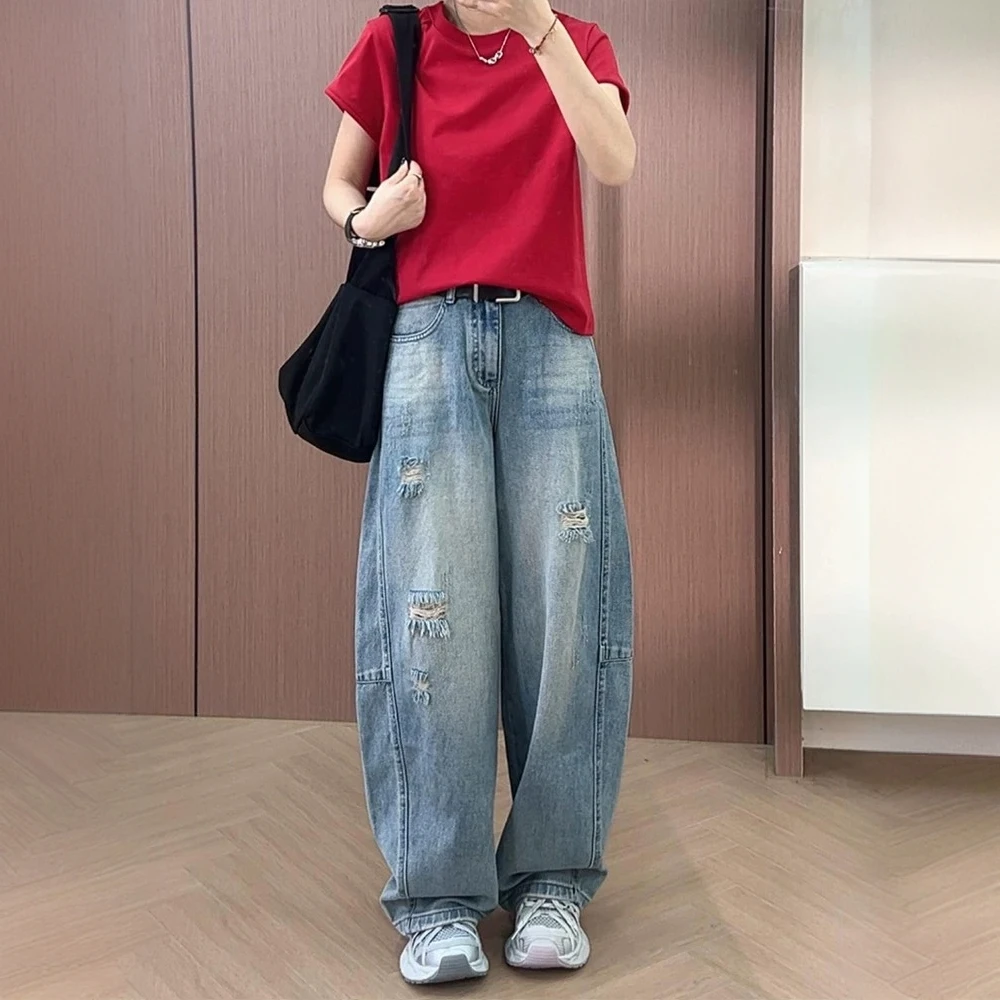 大码破洞阔腿牛仔裤2025新款夏季薄款胖牛仔裤女款爆款2025新款