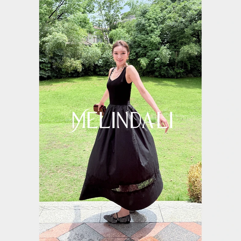 Melinda Li【新晋女神】梦颖私服法式针梭拼接蕾丝花苞大摆连衣裙