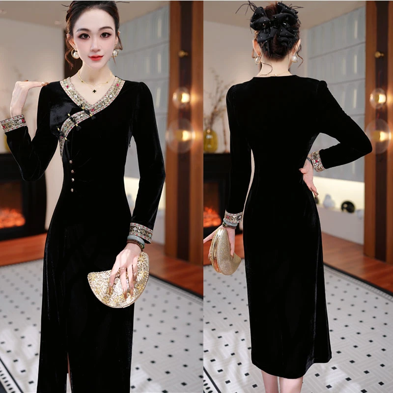 【馨魅墨袍】2025秋季新款收腰显瘦洋气减龄轻奢女人味黑色连衣裙
