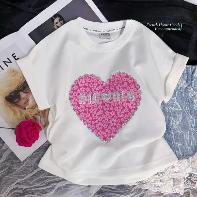 喵【亲子装】女童时髦T恤2025夏季韩版中大童爱心烫钻短袖T恤打底衫