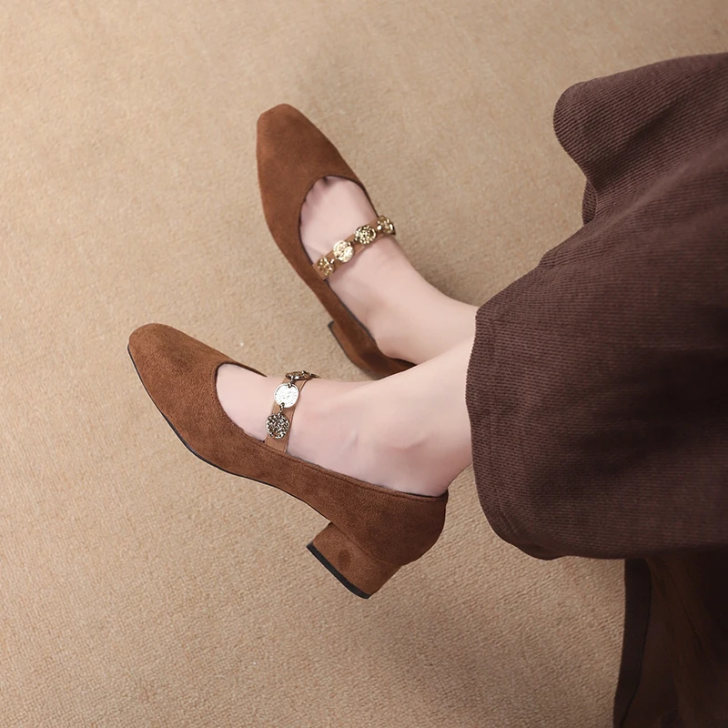 小方头金币链条玛丽珍鞋女2025秋新款舒适百搭粗低跟浅口复古单鞋