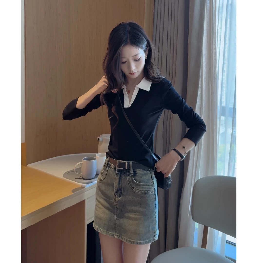 polo领长袖t恤女秋季2025新款设计感小众翻领正肩上衣+高腰牛仔裙