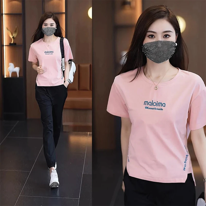 短袖t恤2025年夏季新款洋气纯色字母显瘦时尚百搭短袖女休闲上衣