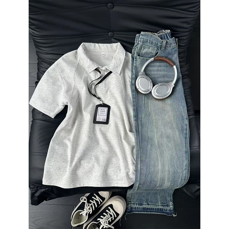 美式正肩短袖polo衫男夏季重磅高级感翻领T恤休闲潮牌情侣半截袖