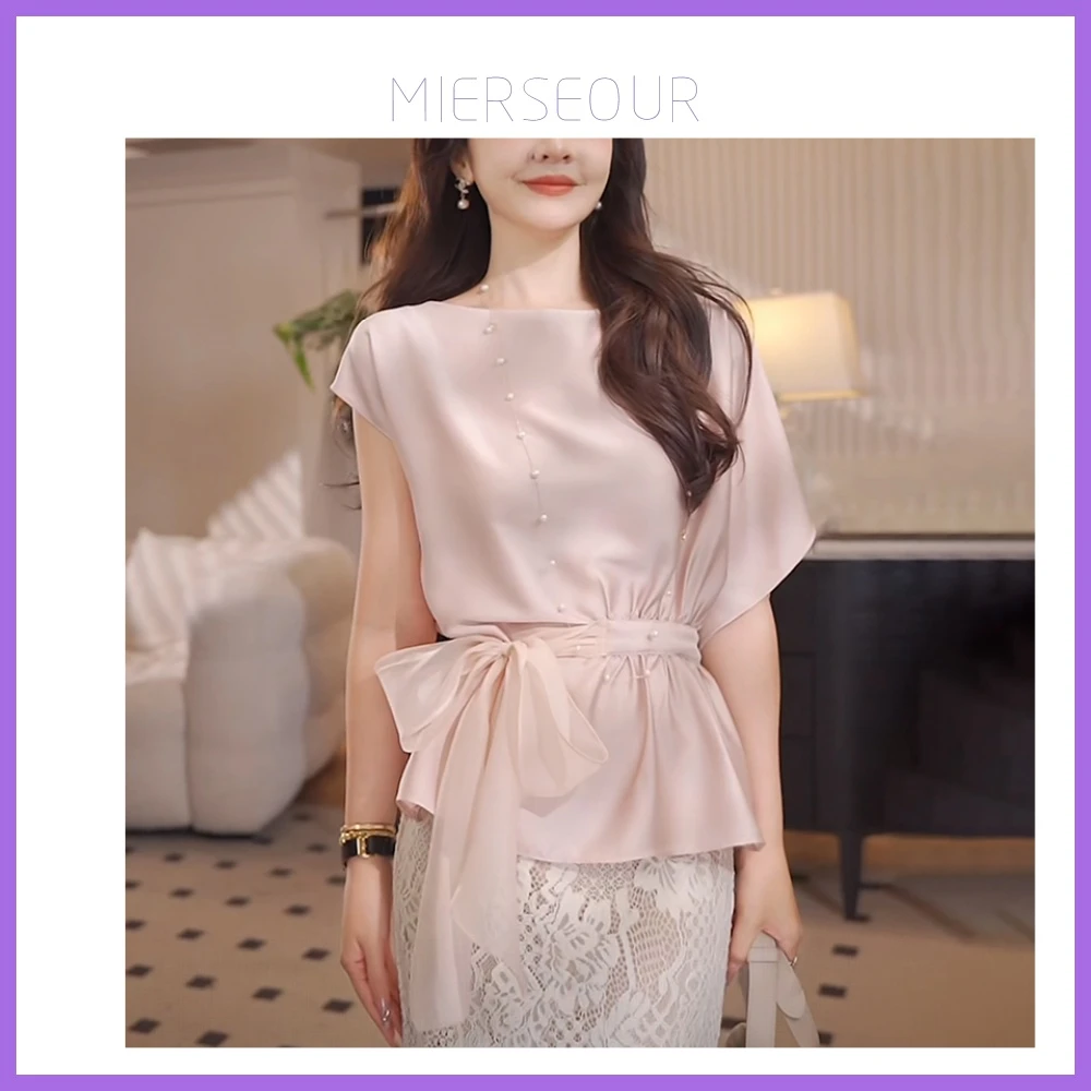 粉色系带t恤女士夏季2025收腰显瘦设计感不规则短袖上衣T5002