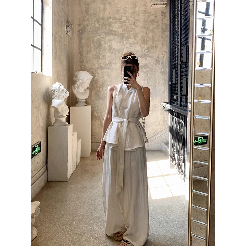 高级感一片式系带无袖设计感背心上衣休闲裤阔腿裤纯色两件套装女