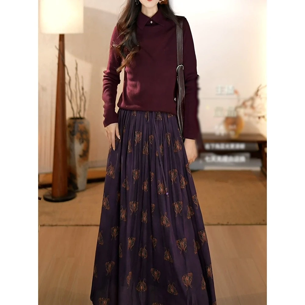 减龄休闲度假风裙套装2025秋季新款时尚百搭纯色上衣+印花半身裙