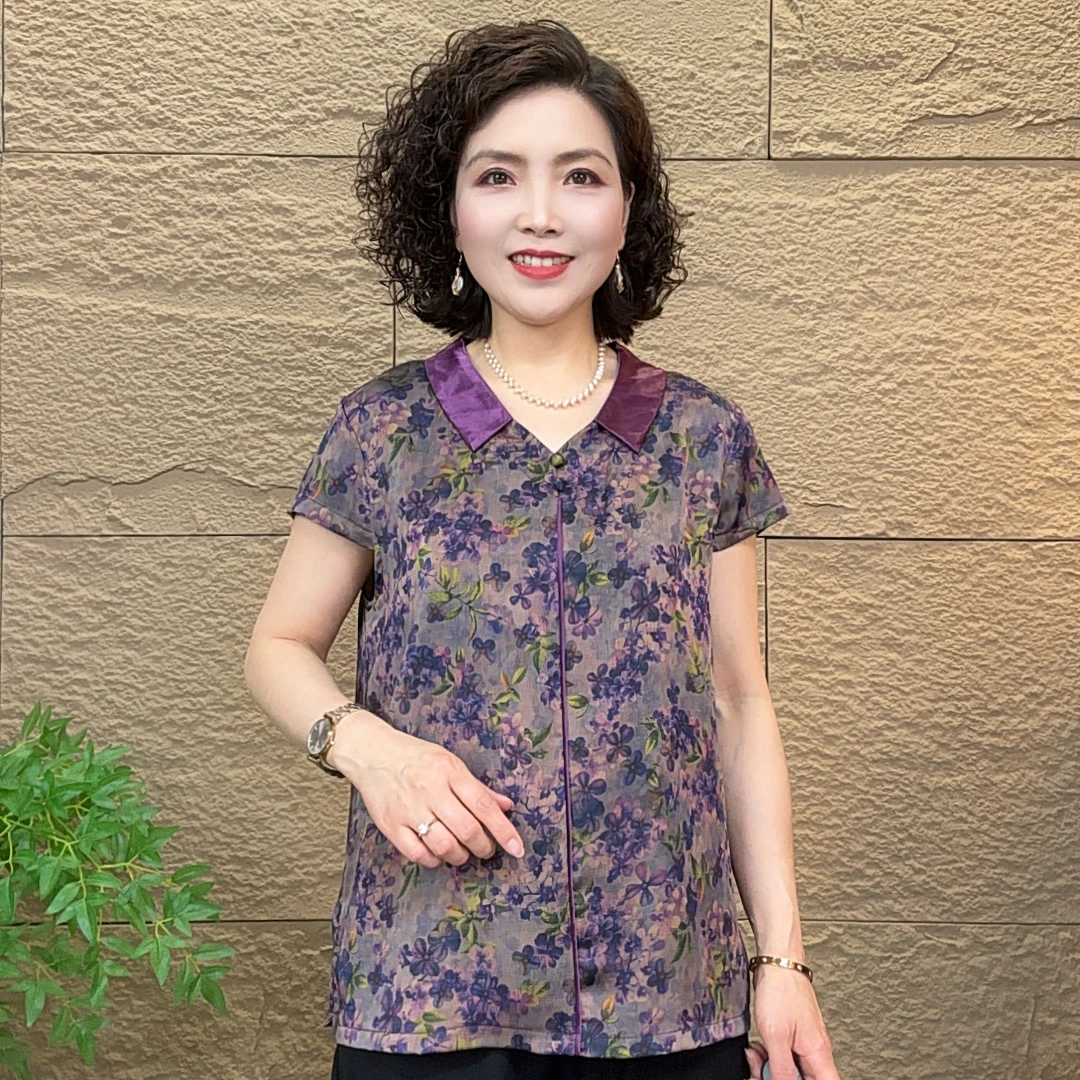 夏季妈妈装时尚新款翻领花色宽松印花百搭中老年女装短袖上衣T恤