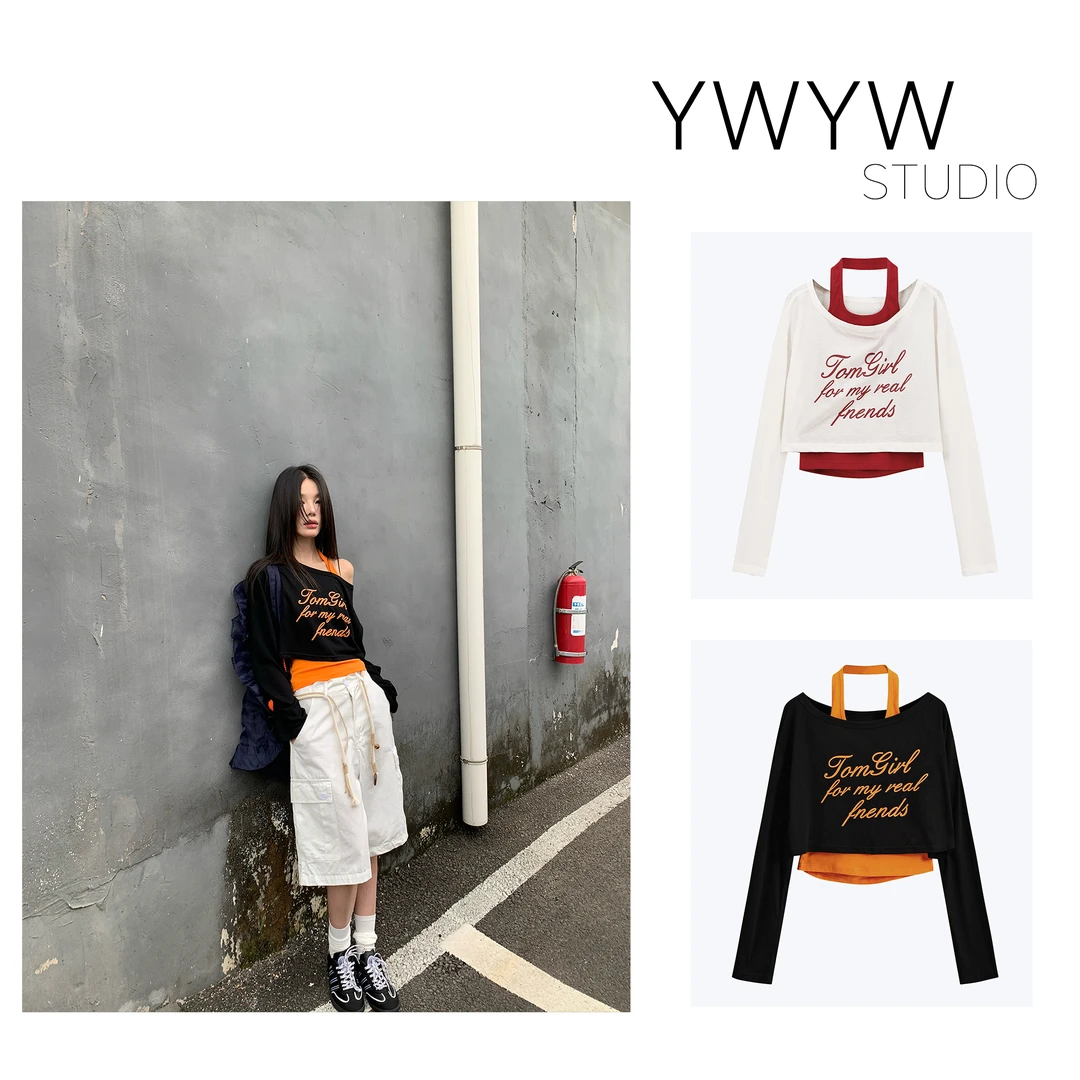 【YWYW25S/S】夏季叠穿纯色内搭挂脖吊带+宽松纯色外搭印花体恤5128