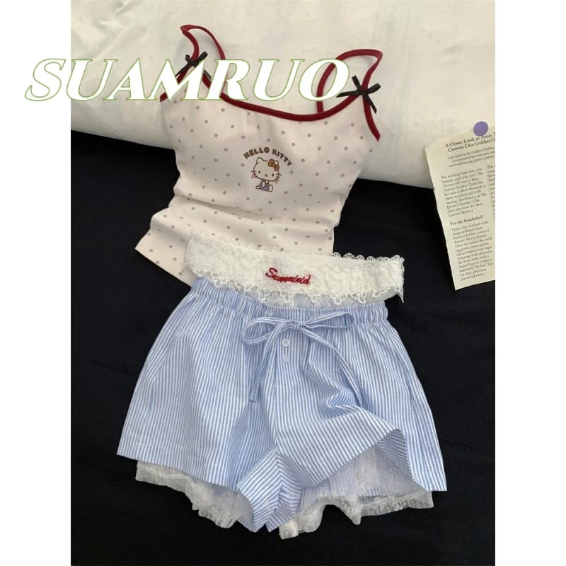 法式甜美可爱Kitty印花吊带睡衣女夏款蕾丝花边短裤家居服两件套