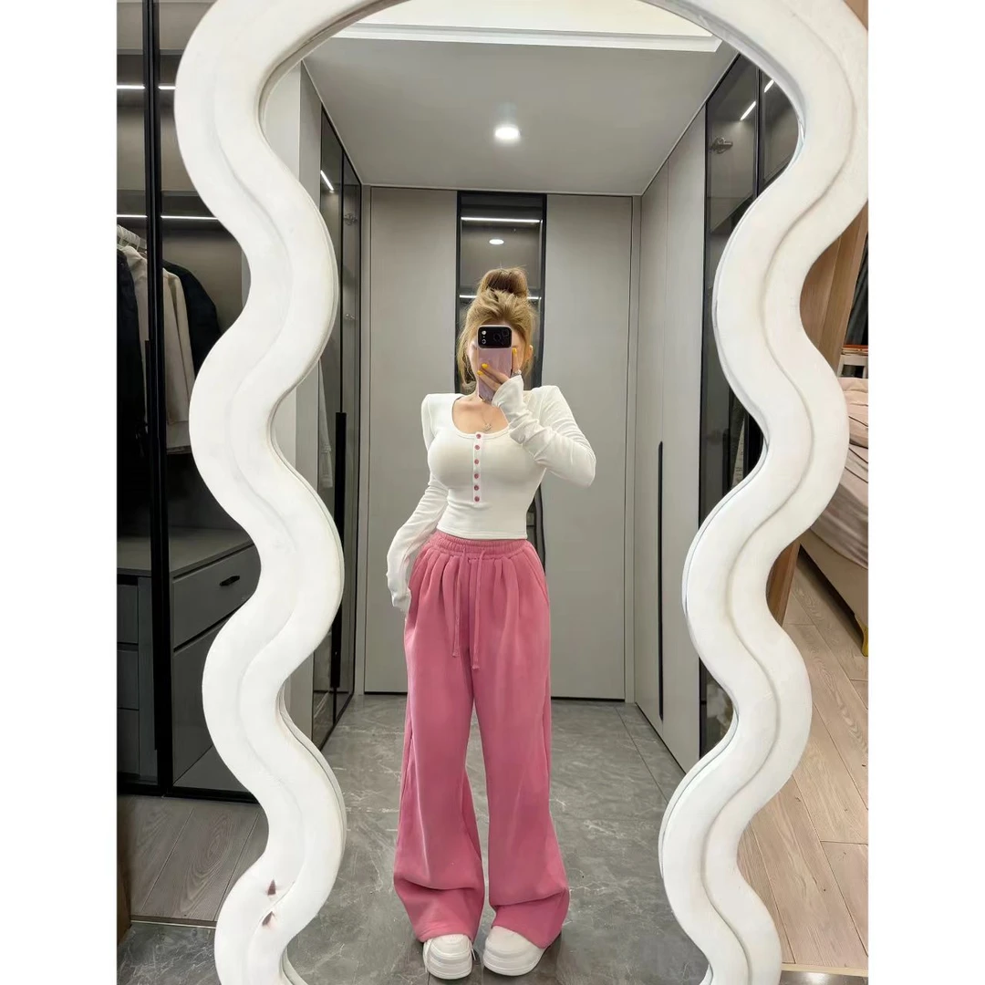 曼曼【甜欲心动组~】秋冬U领彩扣加绒T恤+宽松阔腿裤女3930#2698#