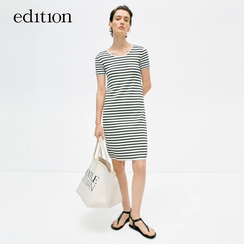 edition夏款针织裙女条纹丝棉修身露背连衣裙#EBD2DRST20