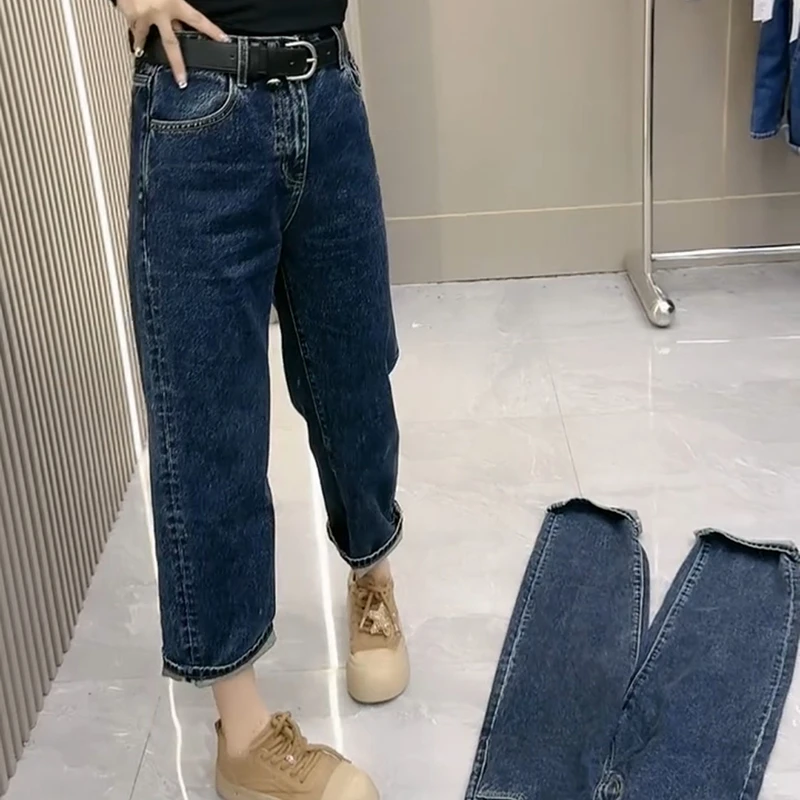 春季高腰极简风秋季牛仔裤萝卜裤百搭哈伦九分裤休闲宽松百搭显瘦