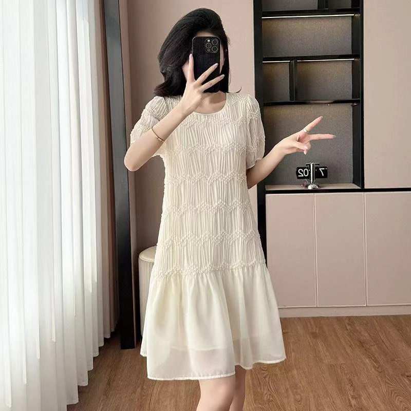 高级感气质圆领短袖连衣裙宽松夏季2025新款法式时尚显瘦中长裙