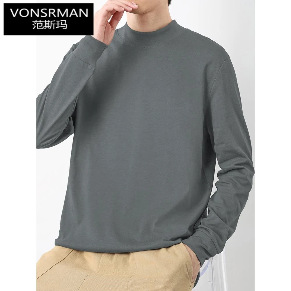 时尚半高领长袖t恤男装中领内搭纯色打底衫秋衣小衫休闲上衣百搭