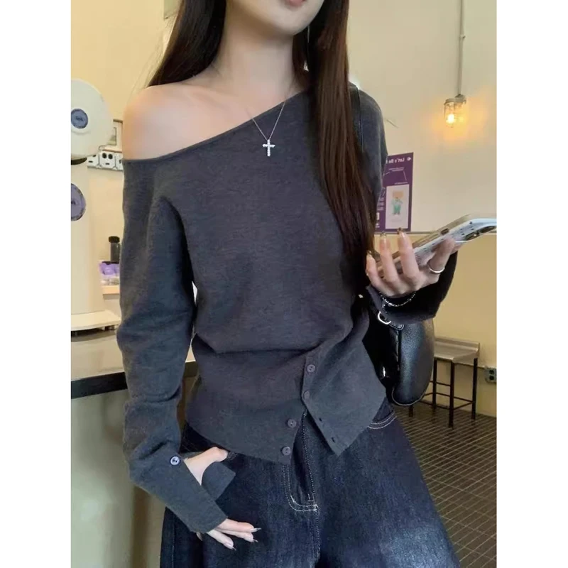 设计感小众斜肩长袖打底针织衫上衣早春秋修身内搭辣妹开叉毛衣女