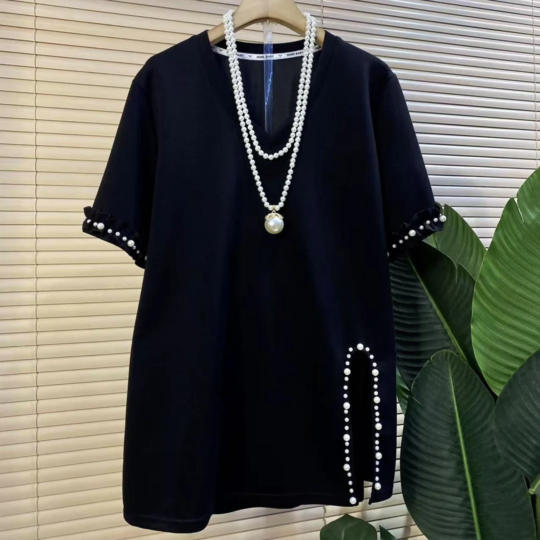 D欧货时尚新款V领开衩钉珠设计款洋气显瘦大衫