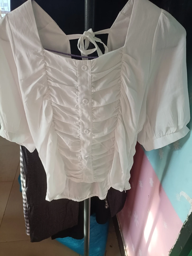 纯色荷叶边抽褶宽松型V领针织T恤拼接套装Y3K牛仔风