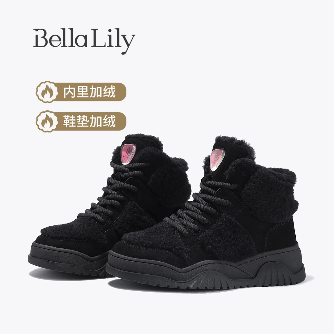 BellaLily2025冬季新款羊毛加绒高帮鞋女街头风毛毛鞋百搭板鞋女