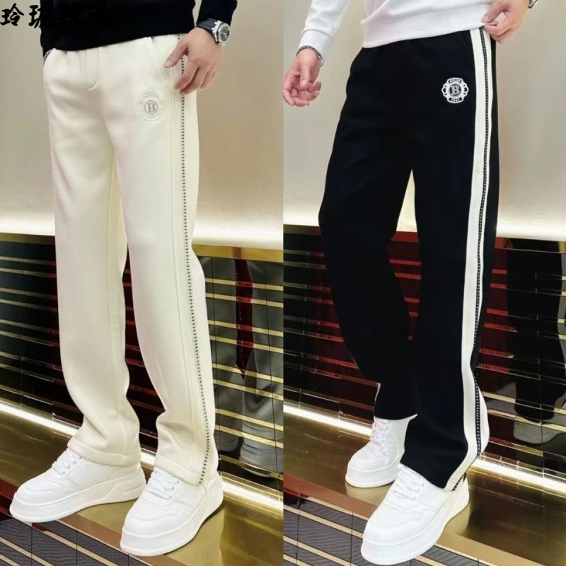 2025年春秋男士新款拼接韩版筒裤百搭时尚直筒条纹潮流长裤运动裤
