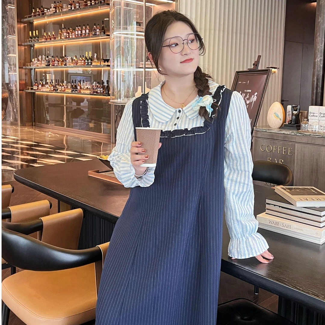 减龄假两件娃娃领条纹裙大码女装胖mm宽松显瘦学院风连衣裙65452