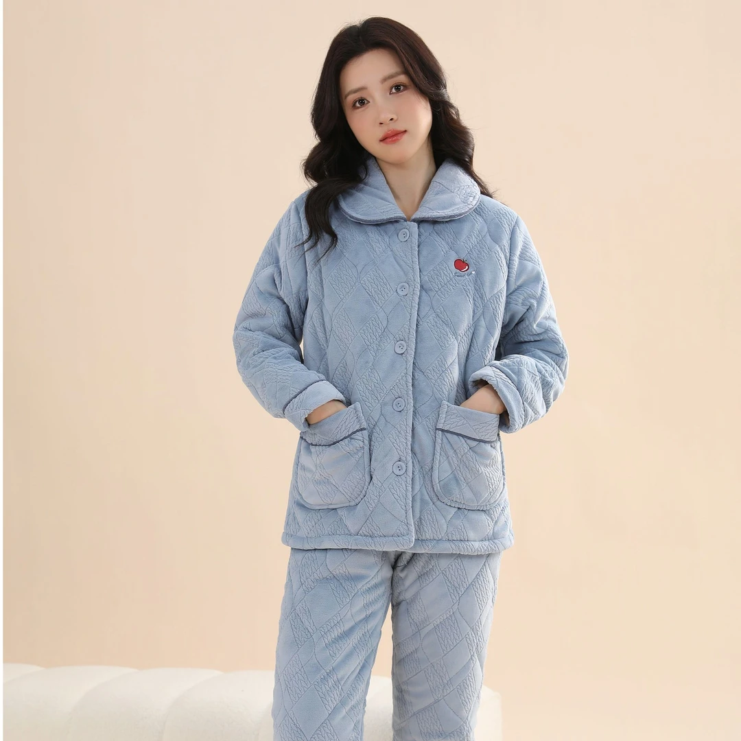 姬玛冬季三层加绒加厚牛奶绒夹棉保暖女士家居服套装248365