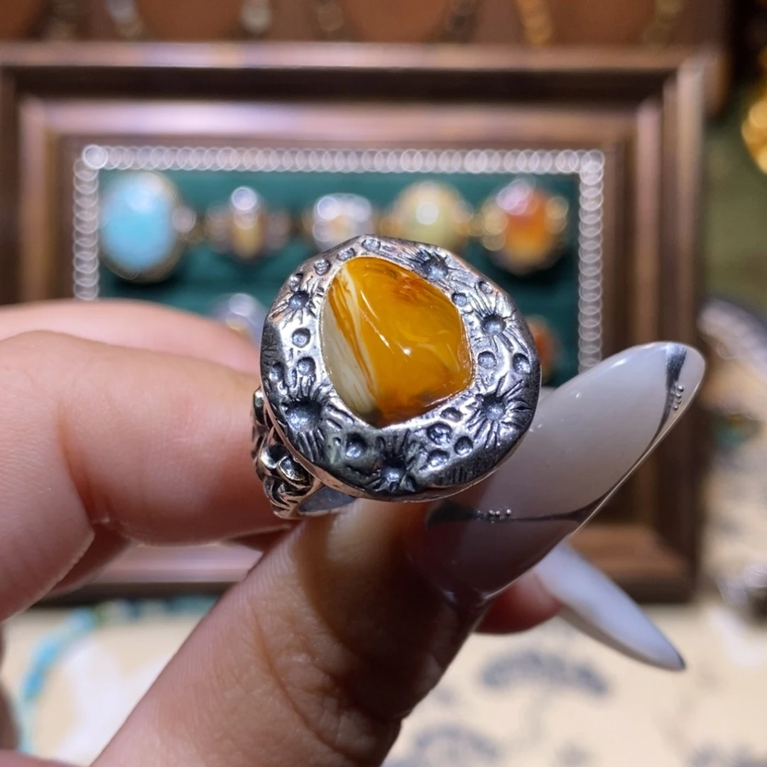 银S925镶嵌琥珀戒指戒指