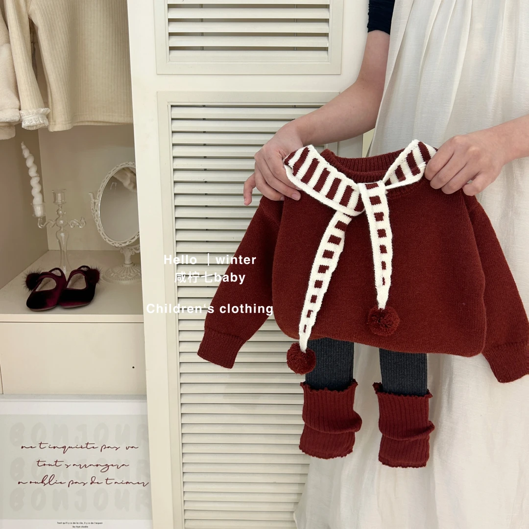 【现】新年红色毛衣2024秋冬季叠穿披肩针织衫上衣女童套装