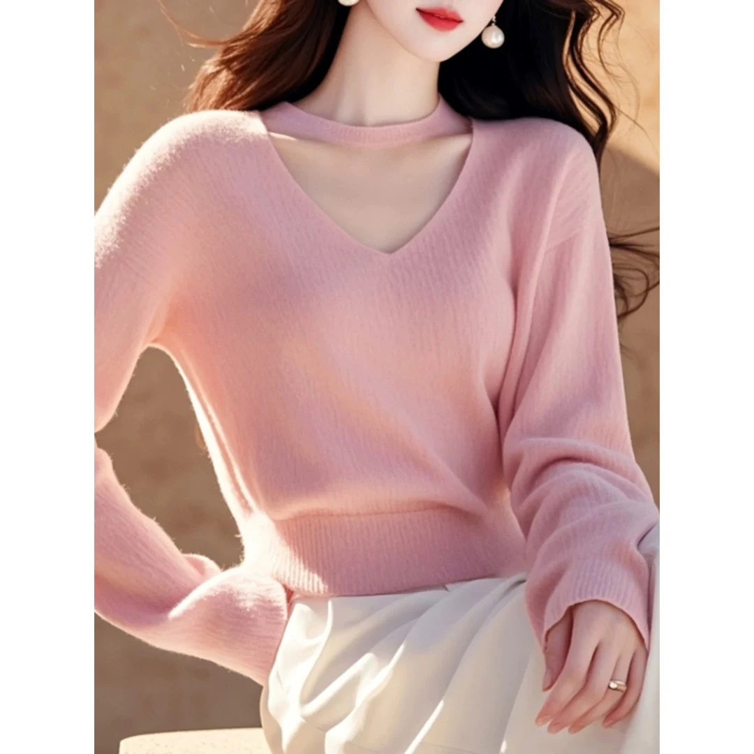 法式优雅名媛风粉色V领长袖针织女秋季款超好看温柔绝美小衫