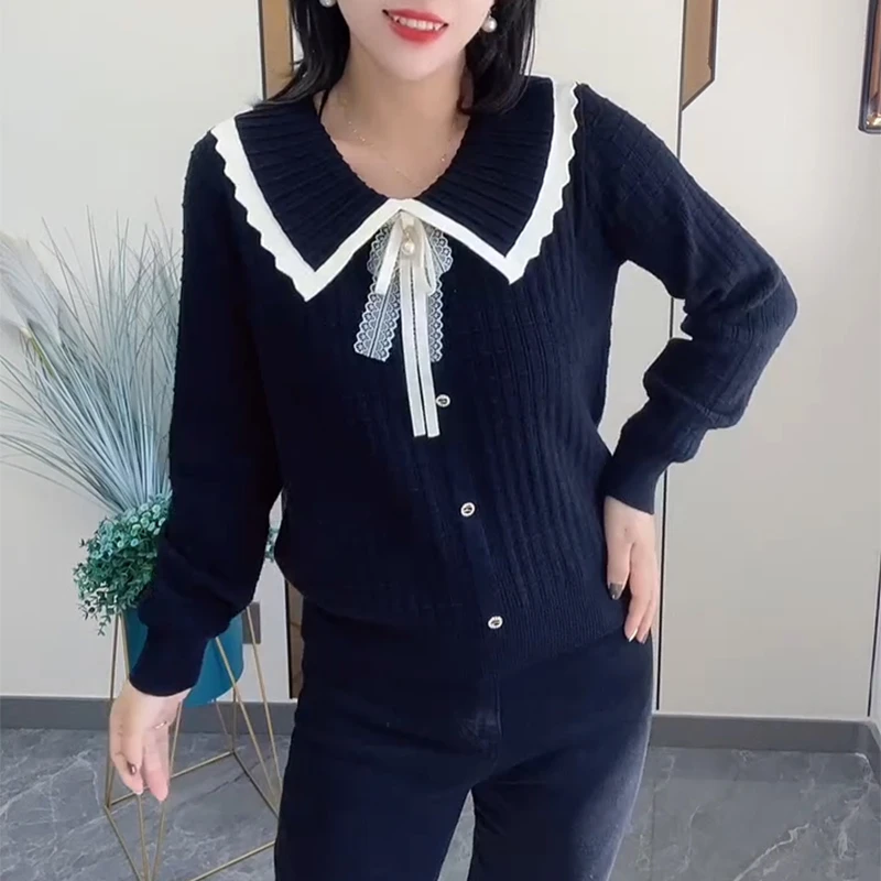 大码设计感娃娃领打底针织衫女秋季新款微胖妹妹时尚百搭减龄上衣