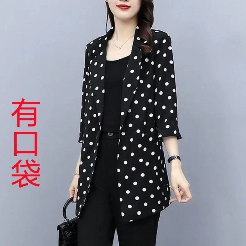 大码女装2025新款潮胖MM遮肚显瘦薄款春夏款中长款波点小西装外套