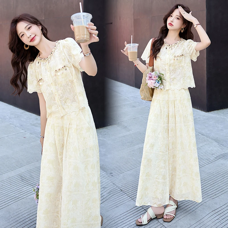 纯欲慵懒2025夏季新款法式气质减龄蕾丝短袖衬衫高腰阔腿裤小香风