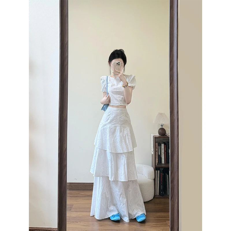 泡泡袖短款甜辣显瘦短袖衬衫蛋糕半身长裙女2025夏季新款时尚套装