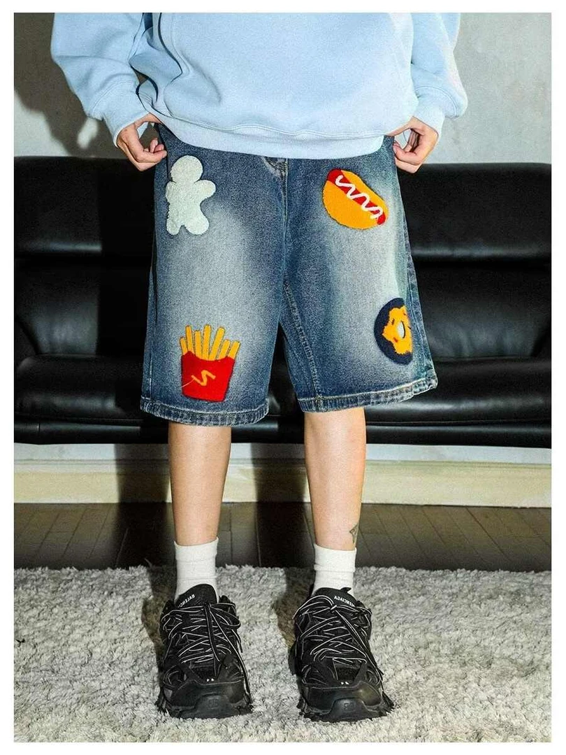 美式街头做旧薯条热狗毛巾绣牛仔短裤男女夏季潮牌直筒阔腿五分裤