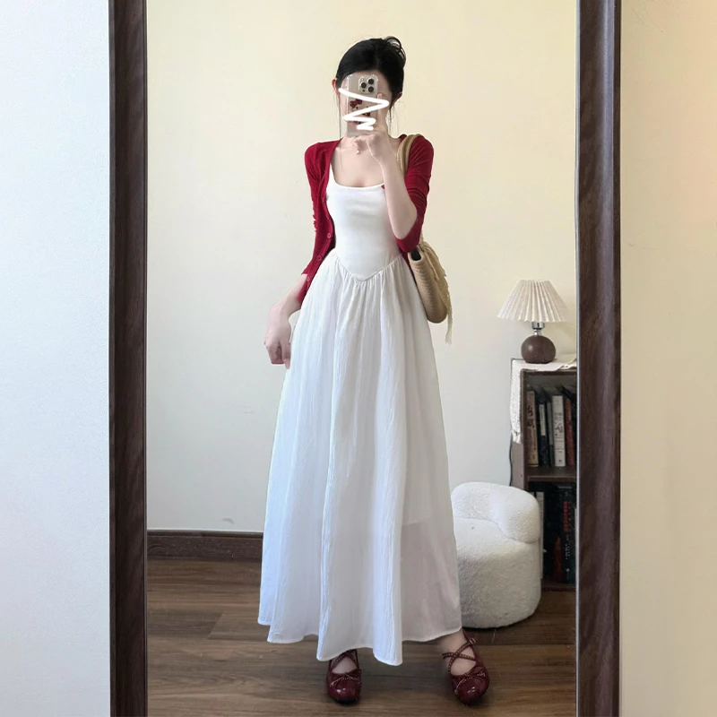 0134休闲风日式慵懒风时尚套装吊带裙白色修身复古法式显瘦裙子