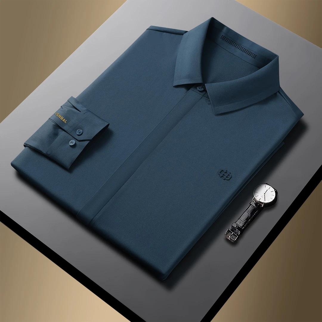 新款无痕锦氨高弹面料小logo标四面弹男士长袖衬衫