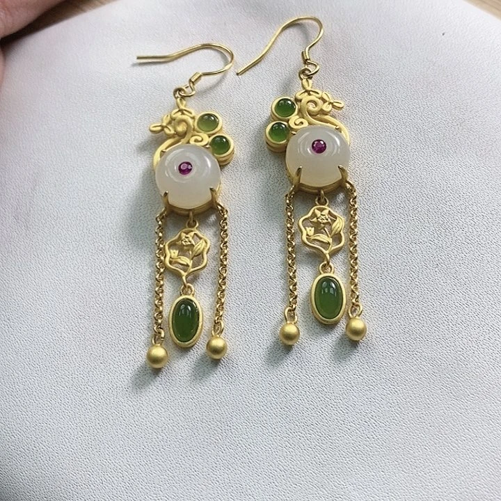 和田玉S925银镶和田玉耳缀银S925镶嵌