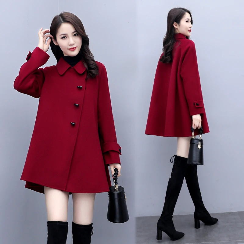 芷墨冬装新款时尚毛呢外套时尚斗篷外套女双排扣毛呢外套秋冬大衣
