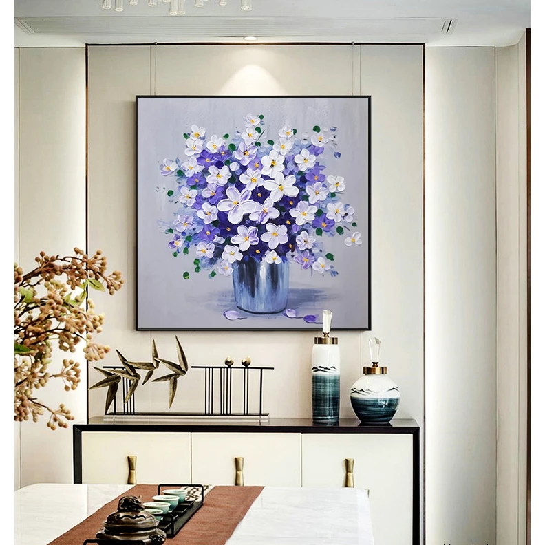 高端简约油画布厚油肌理装饰画客厅沙发过道花瓶紫罗兰