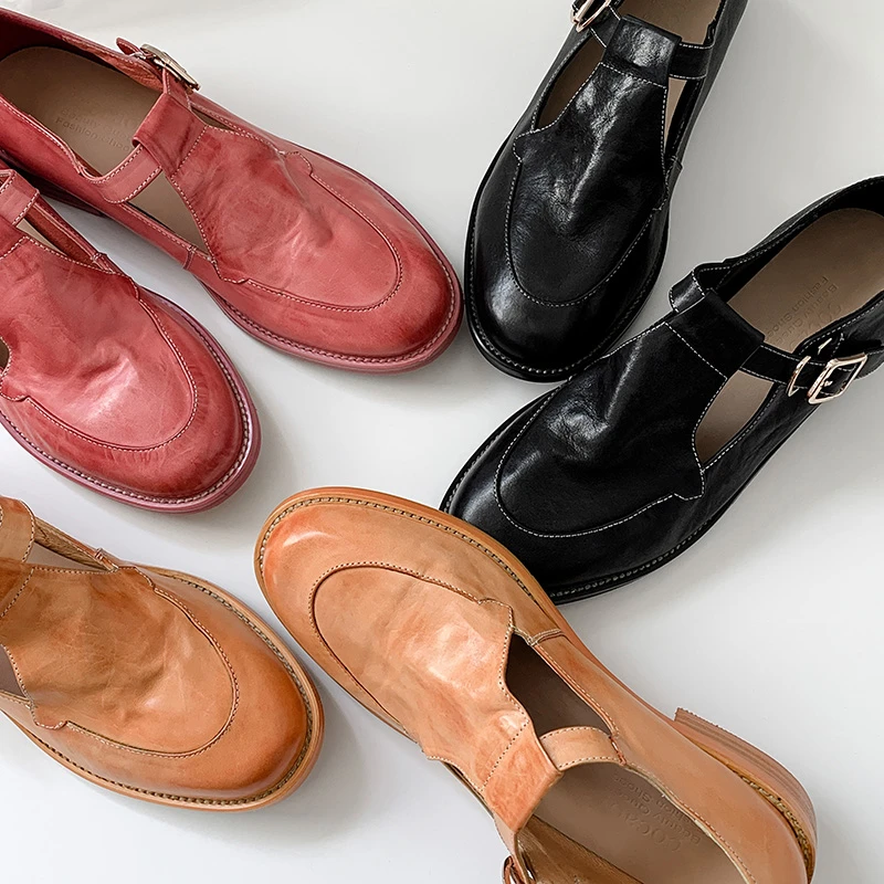 3cm马皮圆头真皮复古丁字扣带中跟小皮鞋春秋深口软底单鞋