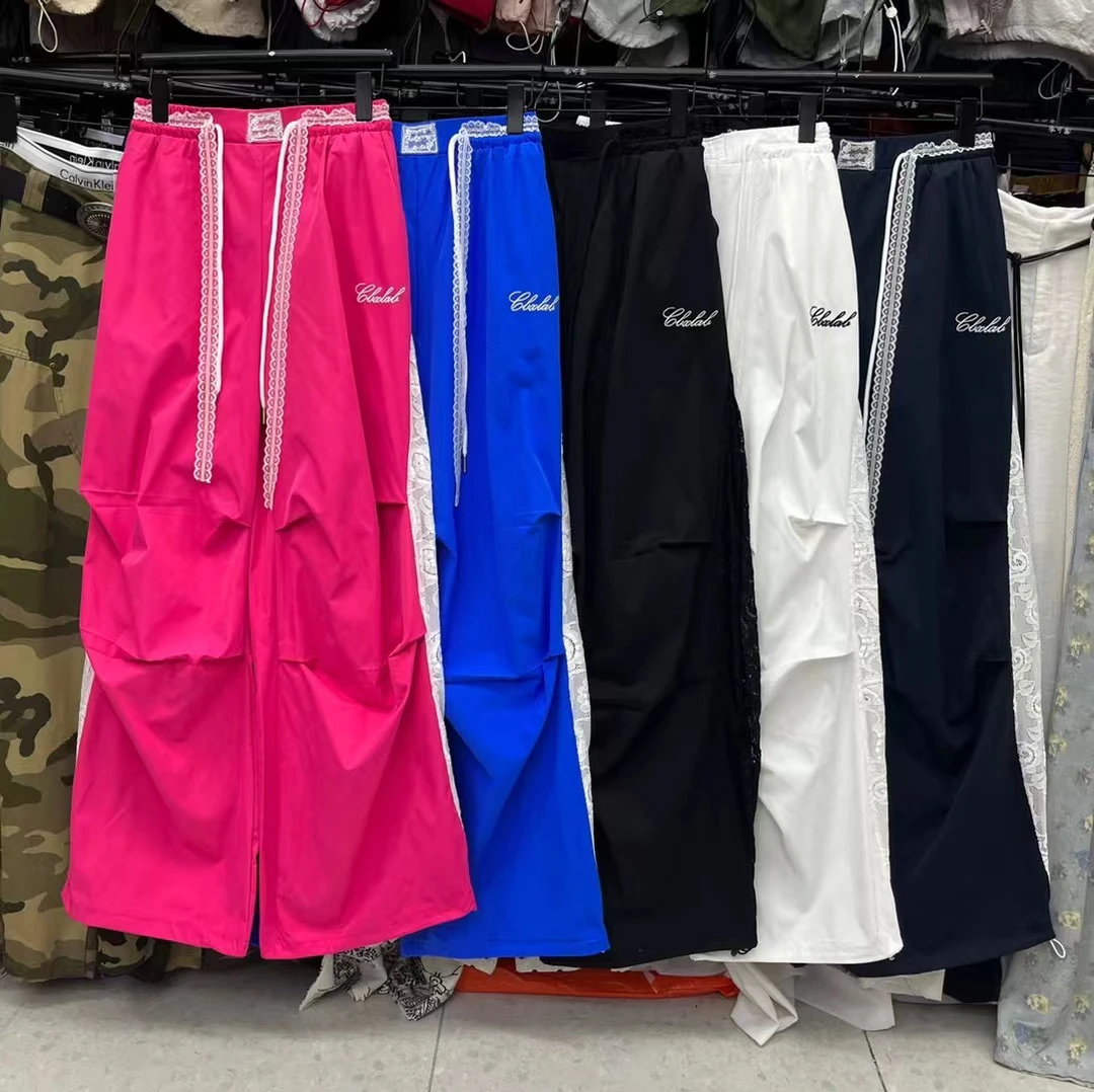 2025年美式复古潮酷蕾丝拼接褶皱工装个性阔腿显瘦休闲裤