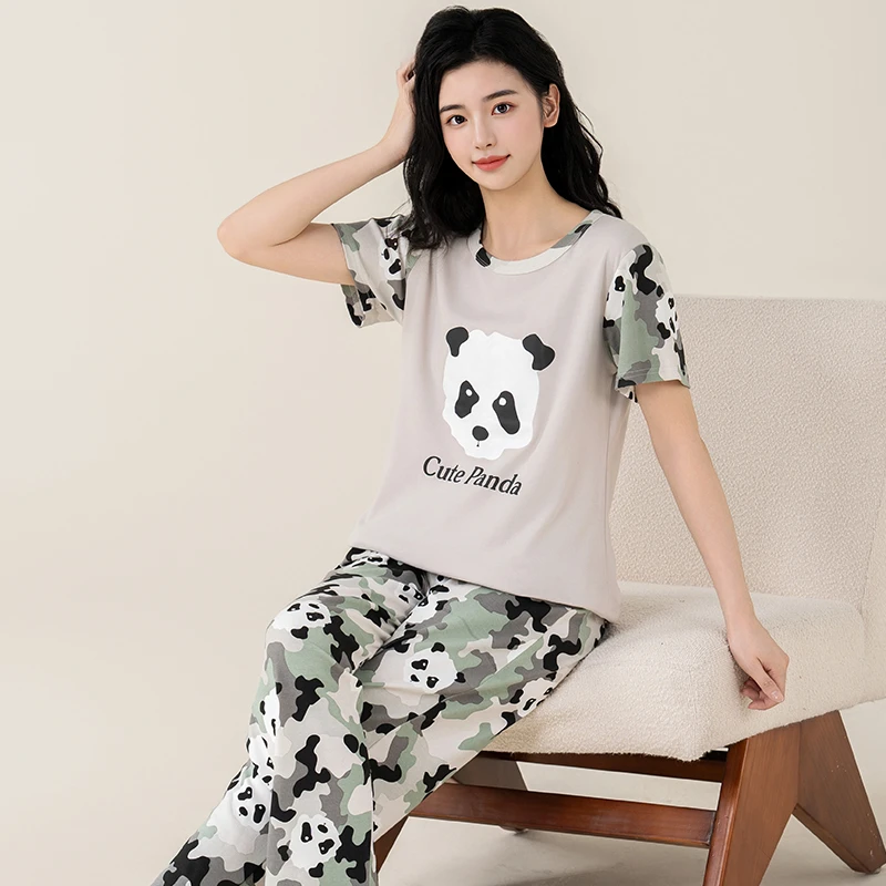 夏季女士薄款纯棉家居服短袖长裤两件套睡衣套装学生宽松休闲大码