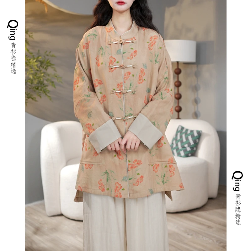 6309春季新款新中式中长款外套中国风禅意盘扣提花上衣