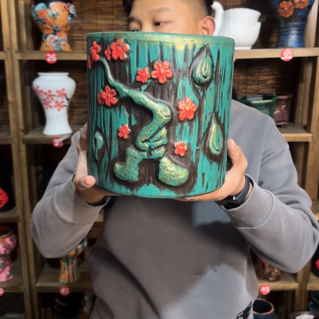 红陶浮雕花盆炸炸炸